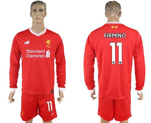 Liverpool #11 Firmino Home Long Sleeves Soccer Club Jersey - Click Image to Close